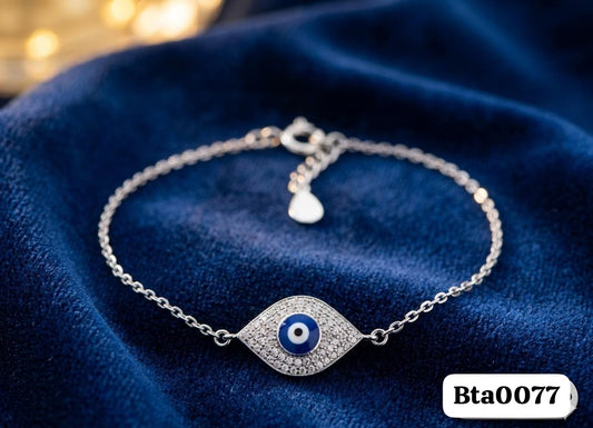 CZ Pave Navy Evil Eye Sterling Silver Bracelet with Heart Charm