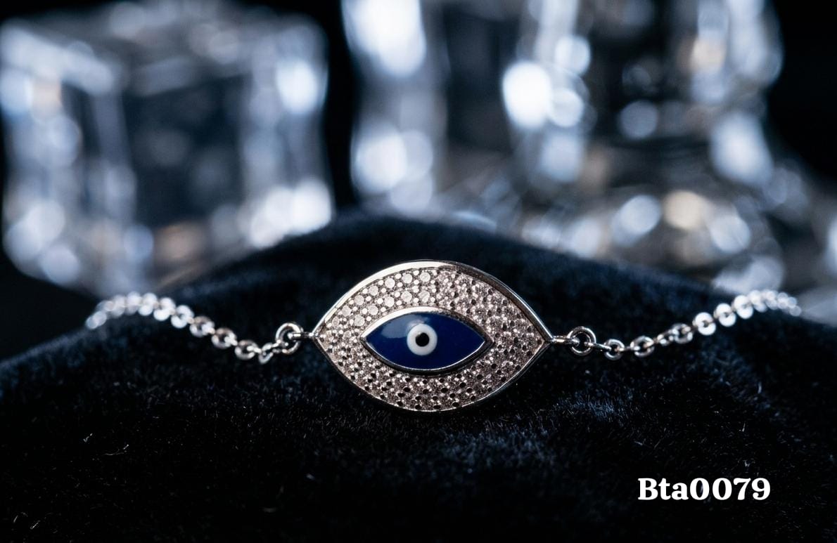 Oxidized CZ Micro-Pave Narrow Evil Eye Sterling Silver Bracelet