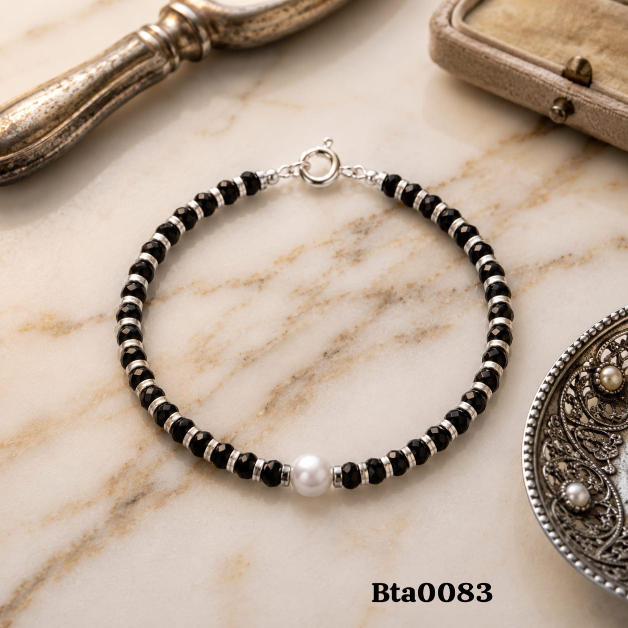 Elegant Sterling Silver, Black Bead & Pearl Bracelet