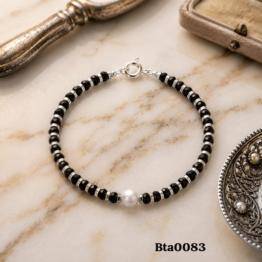 Elegant Sterling Silver, Black Bead & Pearl Bracelet