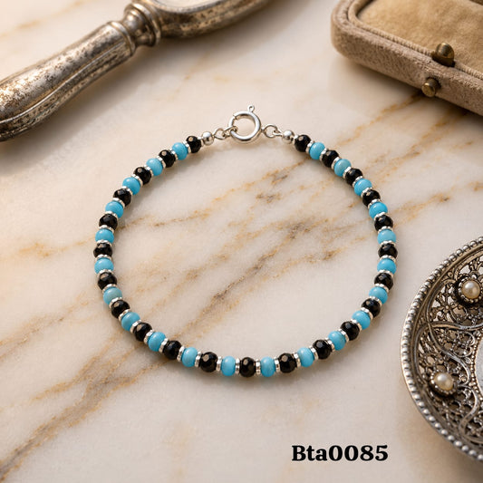 Elegant Sterling Silver, Black & Turquoise Bead Bracelet