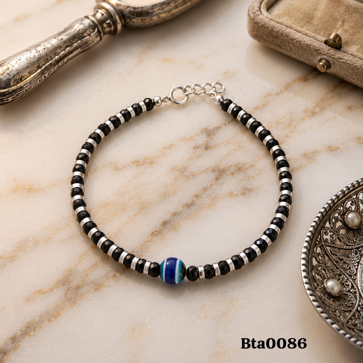 Elegant Sterling Silver, Black Bead & Evil Eye Charm Bracelet