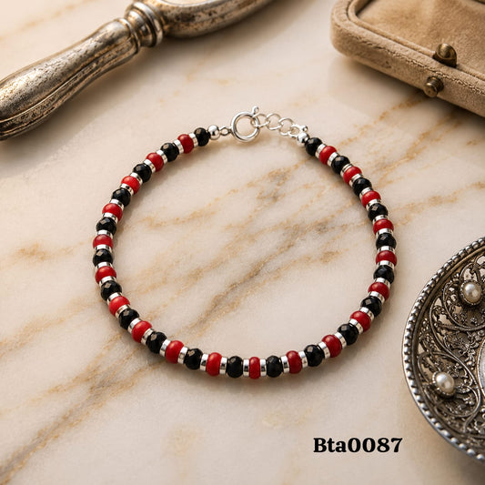 Elegant Sterling Silver, Black & Red Bead Bracelet
