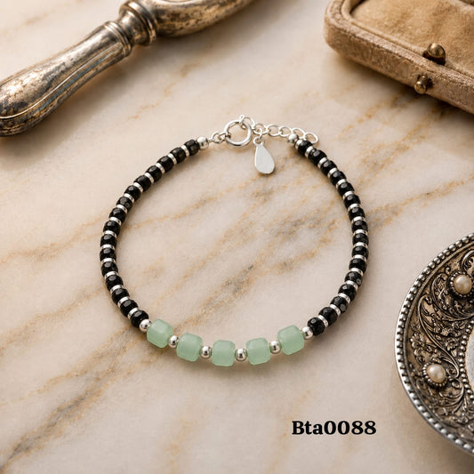 Elegant Sterling Silver, Black & Mint Green Bead Bracelet