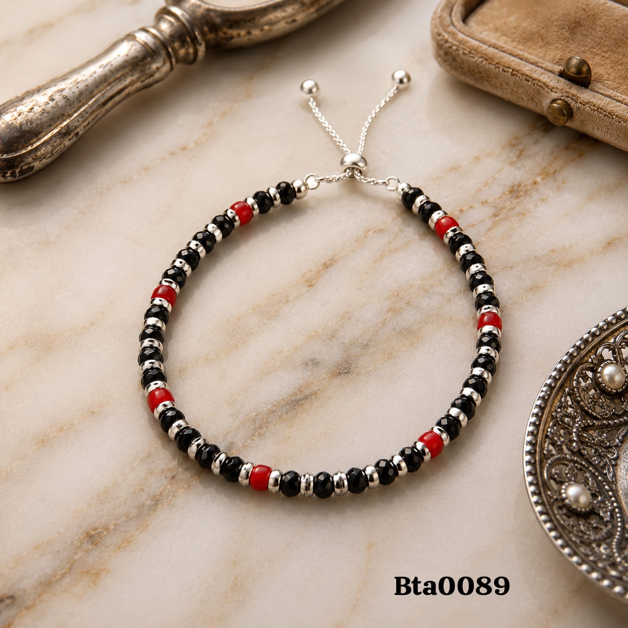 Adjustable Sterling Silver, Black & Red Bead Bracelet