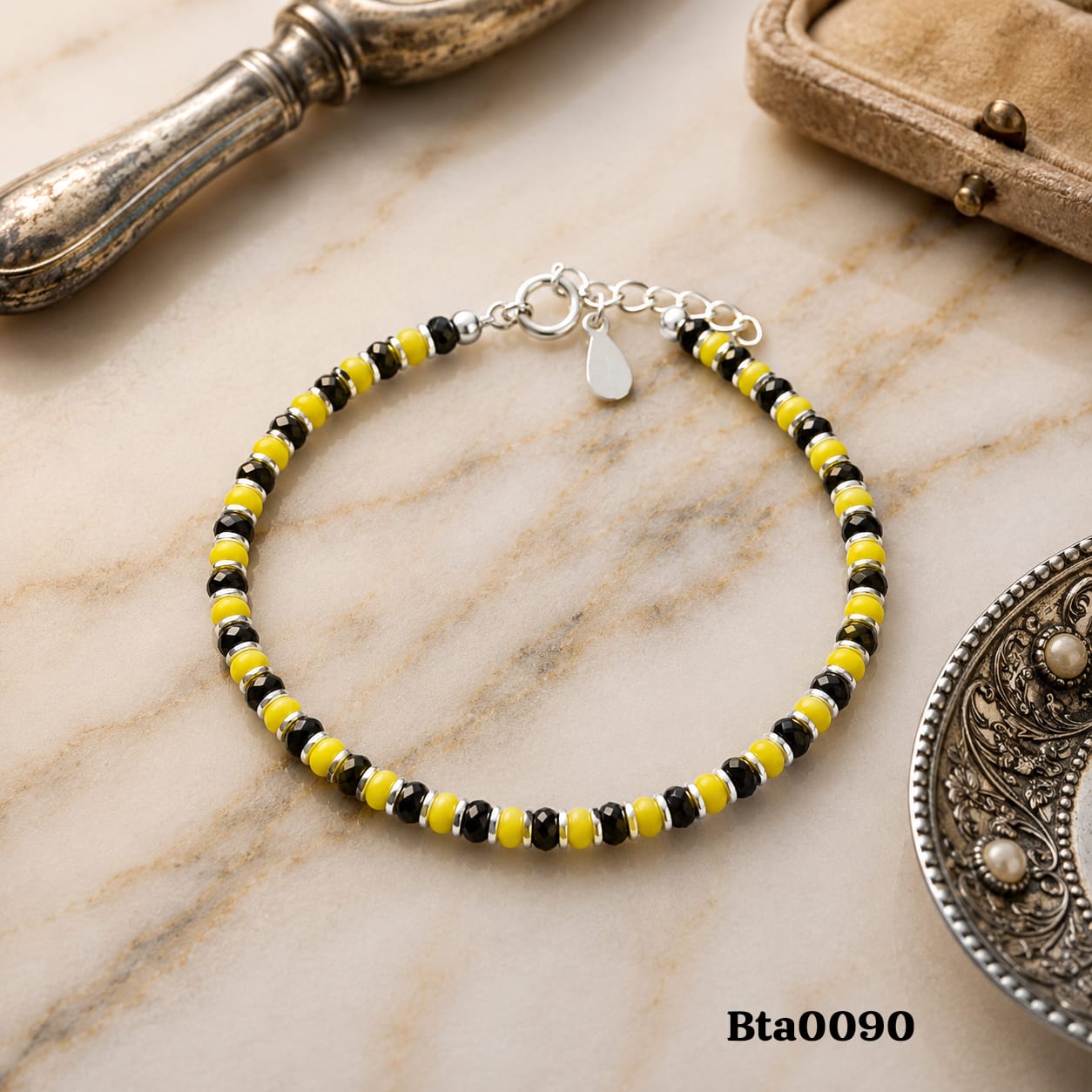Elegant Sterling Silver, Black & Yellow Bead Bracelet