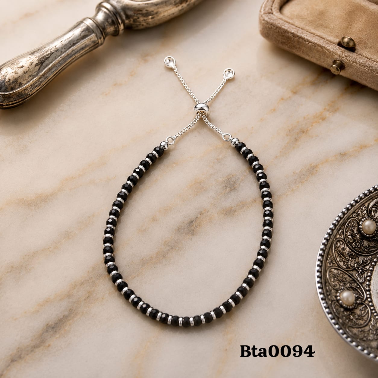 Adjustable Sterling Silver & Black Bead Bracelet - Alternating Segments