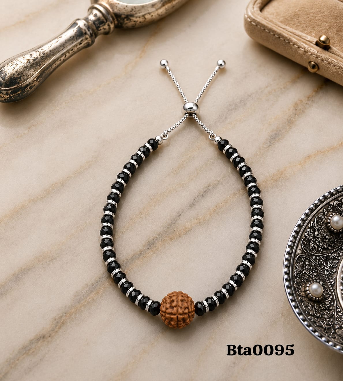 Adjustable Sterling Silver, Black Bead & Rudraksha Bracelet