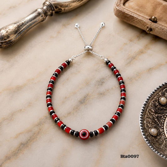 Adjustable Sterling Silver, Black & Red Bead Bracelet with Red Evil Eye