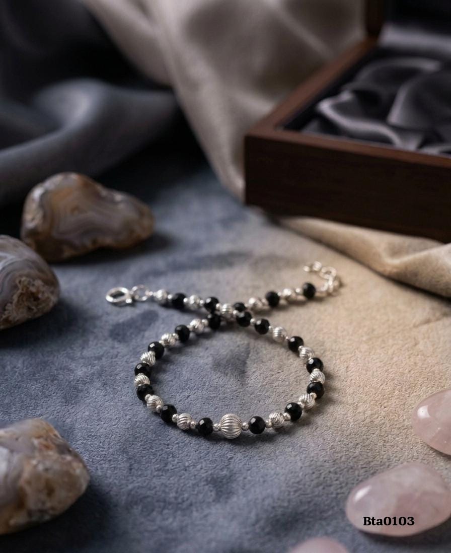 Black Bead & Textured Silver Ball Bracelet