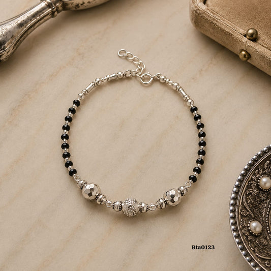 Delicate Black Bead & Polished Silver Accent Bracelet