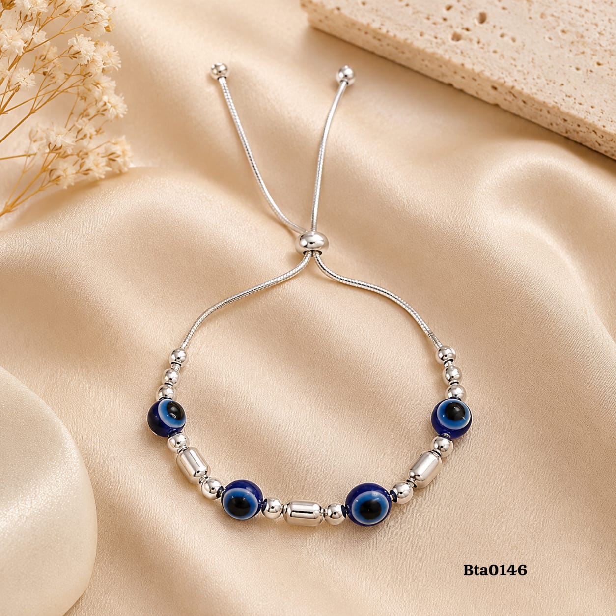 Silver Bead Evil Eye Slider Bracelet