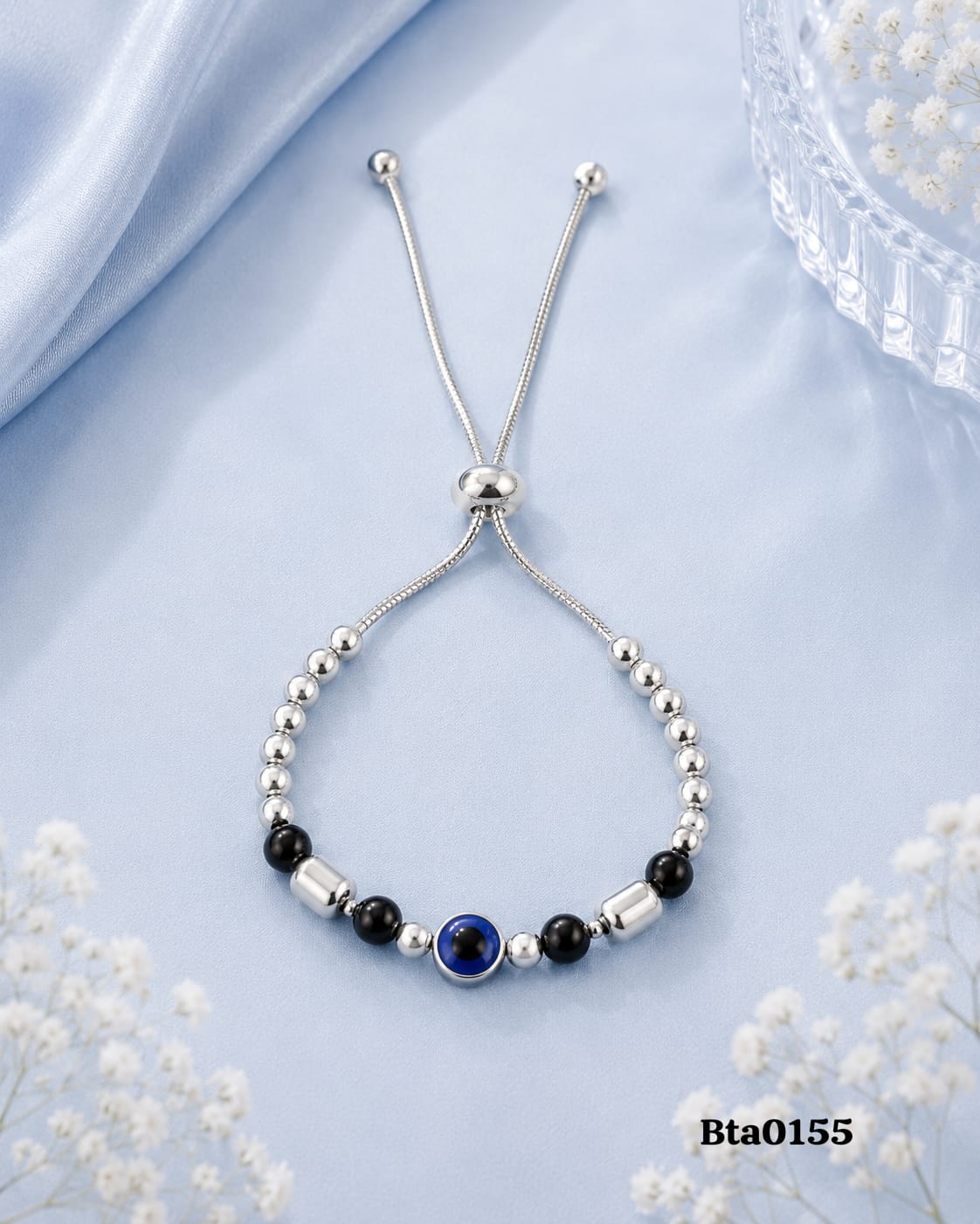 Silver & Black Bead Evil Eye Slider Bracelet