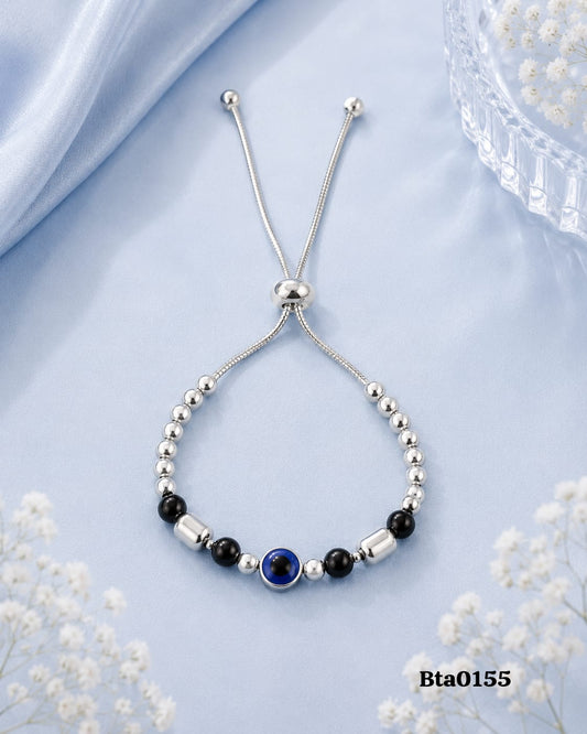 Silver & Black Bead Evil Eye Slider Bracelet
