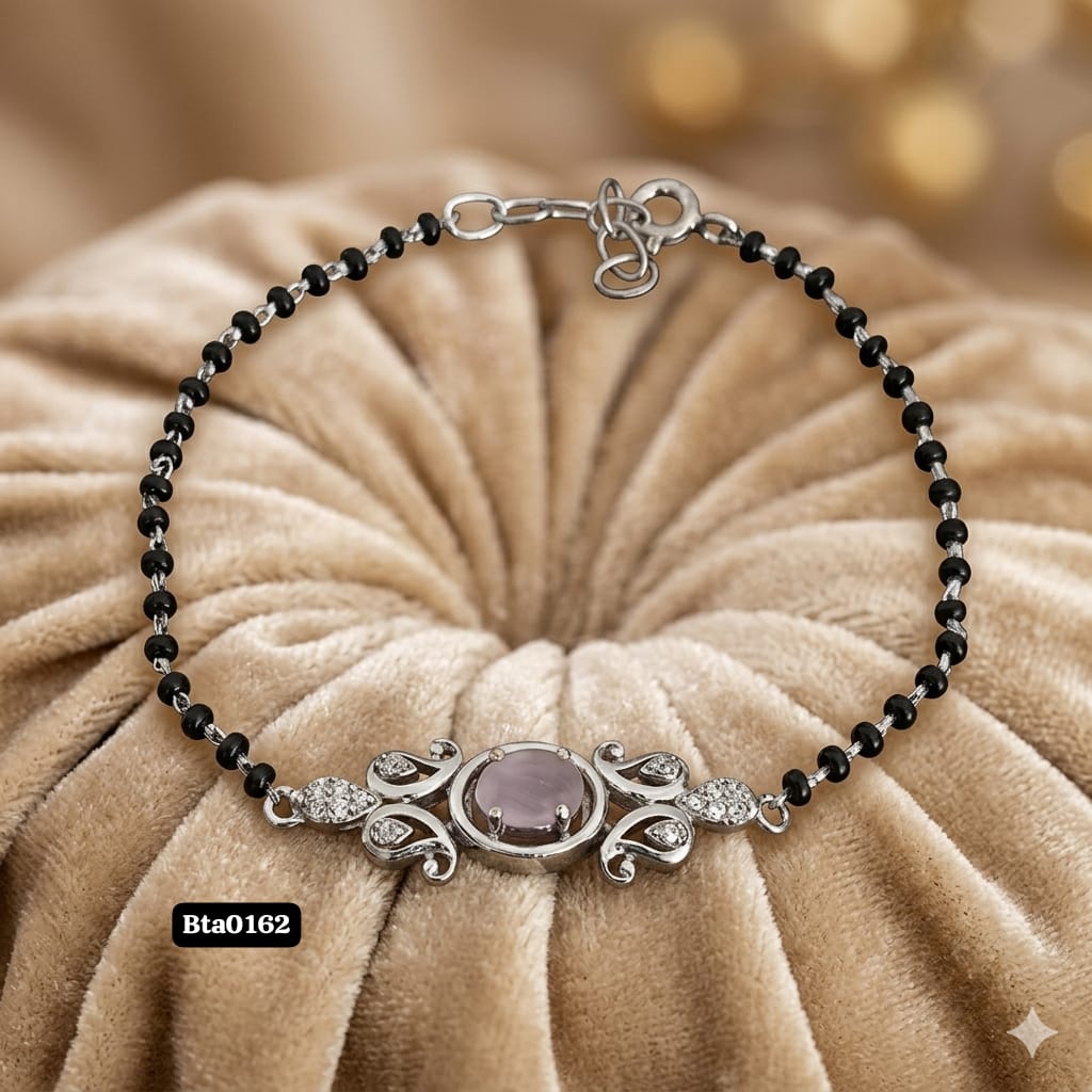 Elegant Round Stone Accent Black Bead Sterling Silver Bracelet