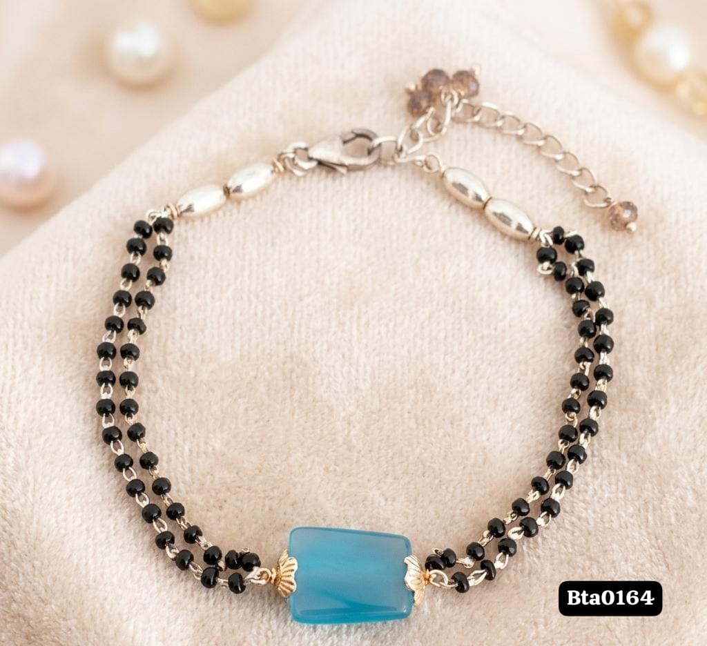 Elegant Blue Stone Centerpiece Dual-Strand Black Bead Sterling Silver Bracelet