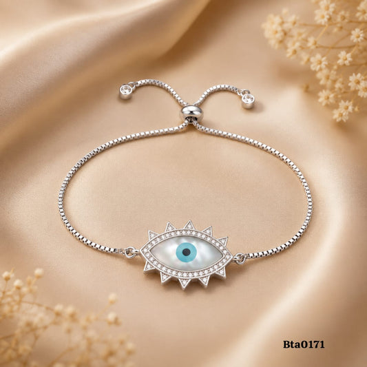 Elegant Sunburst Evil Eye Sterling Silver Slider Bracelet