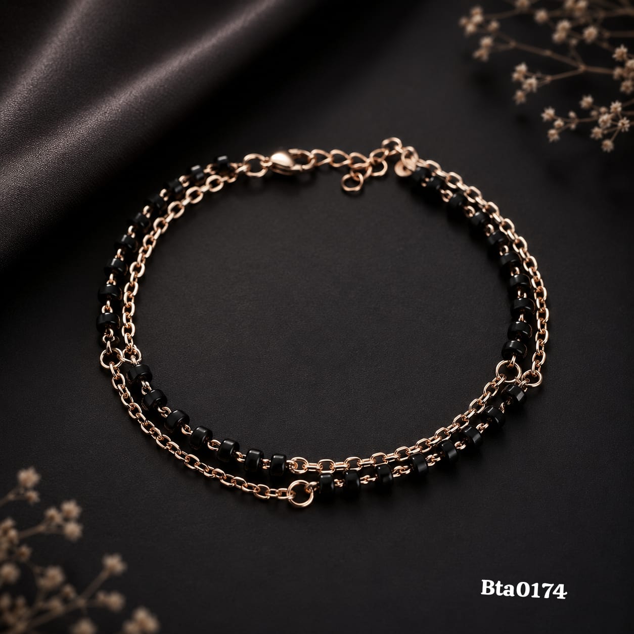 Elegant Double-Strand Black Bead Sterling Silver Bracelet