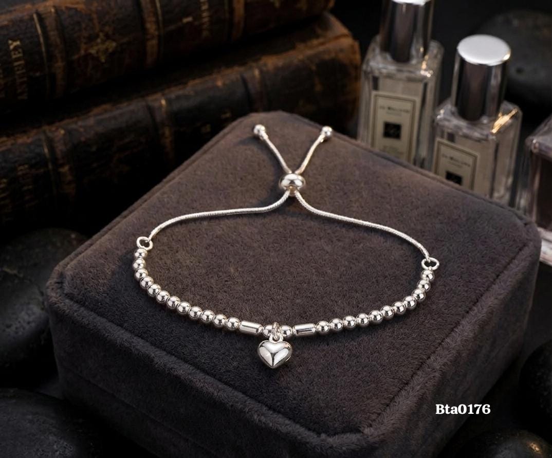 Elegant Heart Charm Sterling Silver Slider Bracelet
