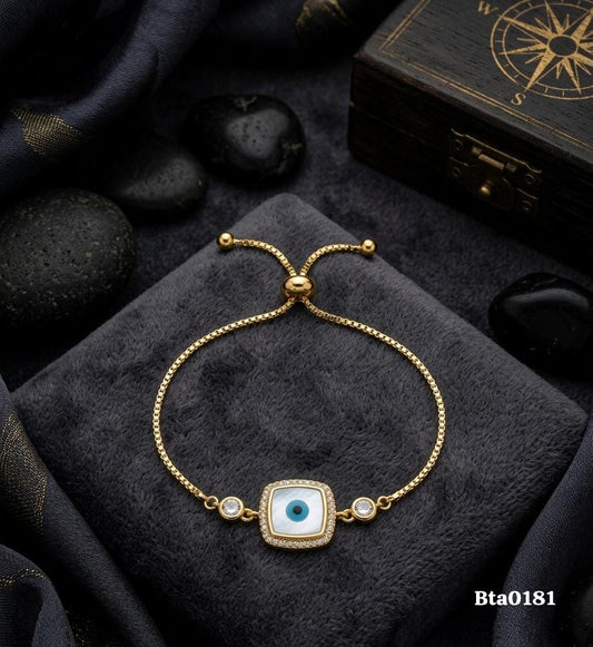 Elegant Gold-Polished Square Evil Eye Charm with Side Stones Bracelet