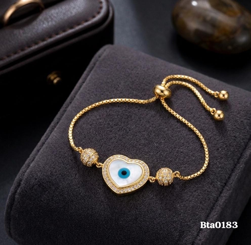 Elegant Gold-Polished Heart Evil Eye Charm Bracelet