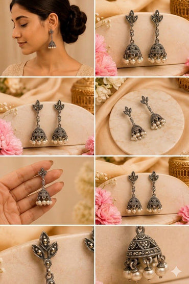 Vintage Marcassite Pearl Silver Jhumki
