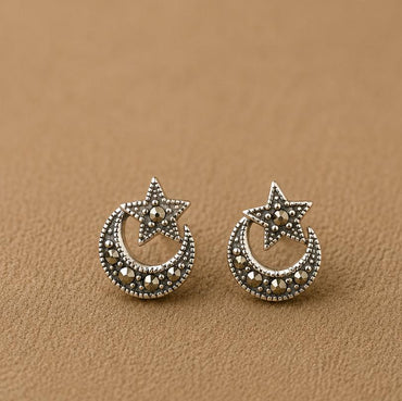 Silver Crescent & Star Studs