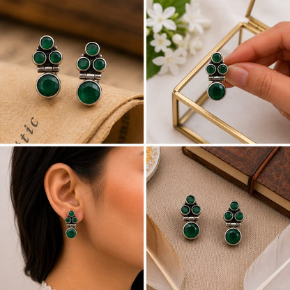92.5 Sterling Silver Green Cluster Studs