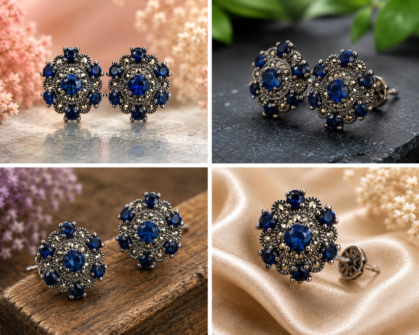 Silver Blue Cluster Studs