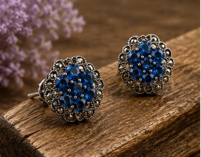 Silver Dark Blue Cluster Studs