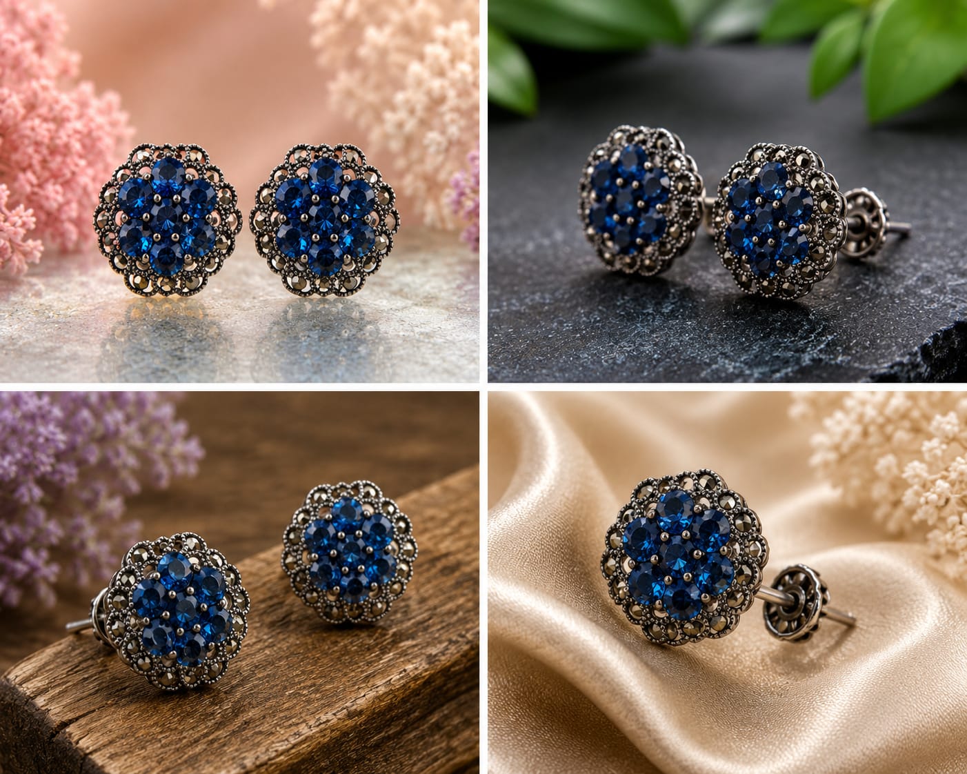 Silver Dark Blue Cluster Studs