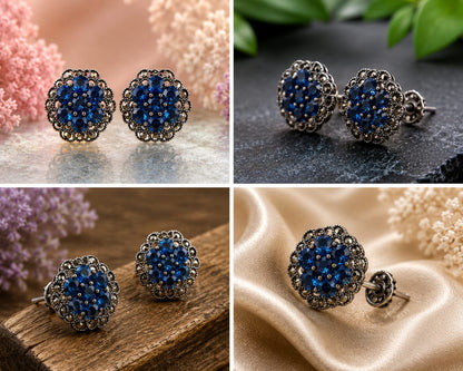 Silver Dark Blue Cluster Studs