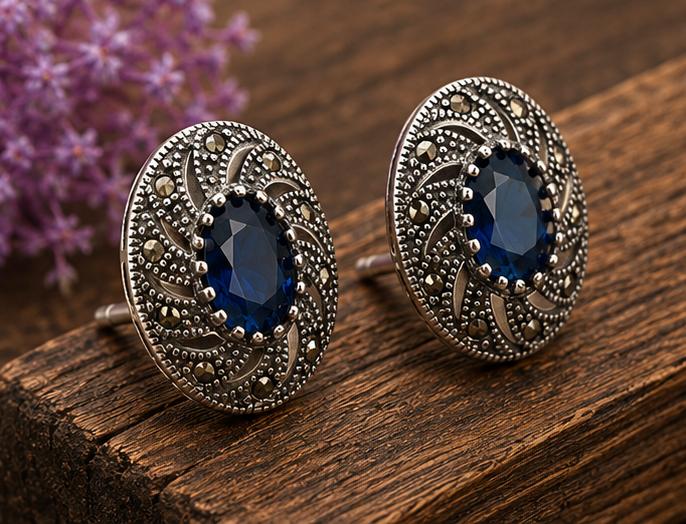 Silver Blue Oval Studs