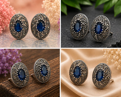Silver Blue Oval Studs