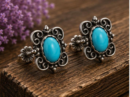 Sterling Silver Turquoise Oval Filigree Scroll Studs