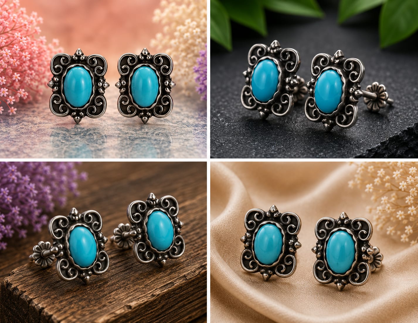 Sterling Silver Turquoise Oval Filigree Scroll Studs