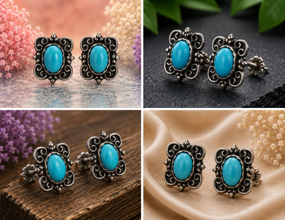 Sterling Silver Turquoise Oval Filigree Scroll Studs