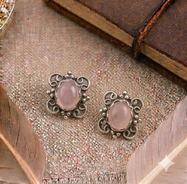 Sterling Silver Rose Quartz Scroll Frame Studs