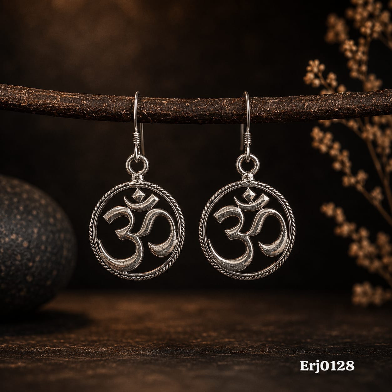 Silver Om Symbol Circular Rope Border Drop Earrings