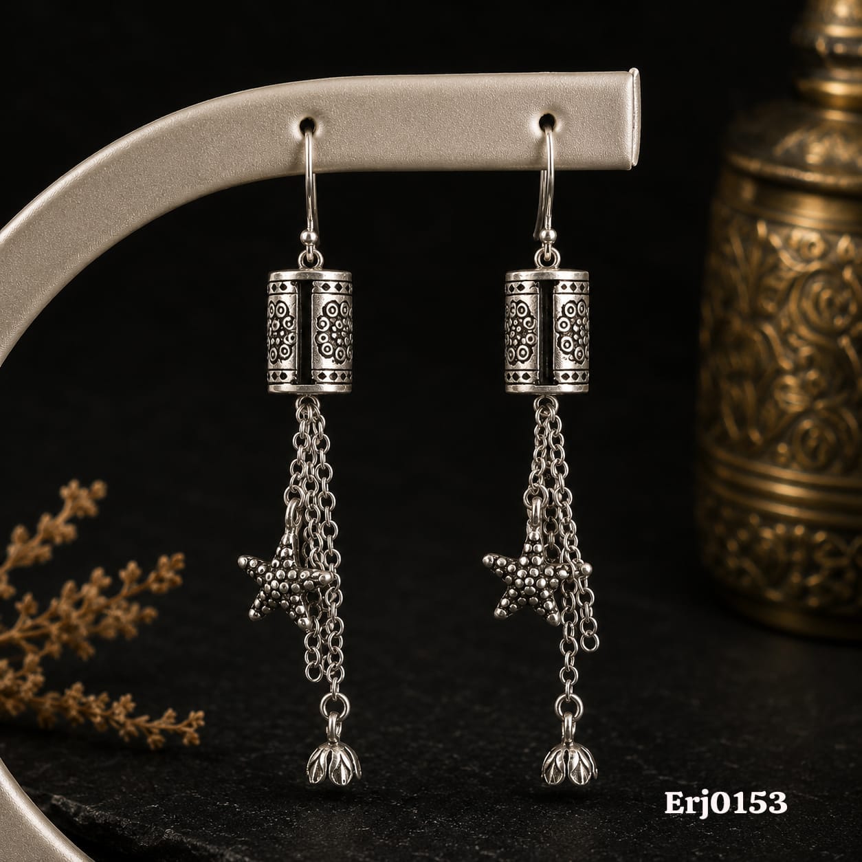 Cylinder and Star Chain Drop Earrings