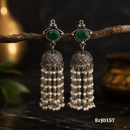 Green Stone and Pearl Tassel Jhumka Earrings