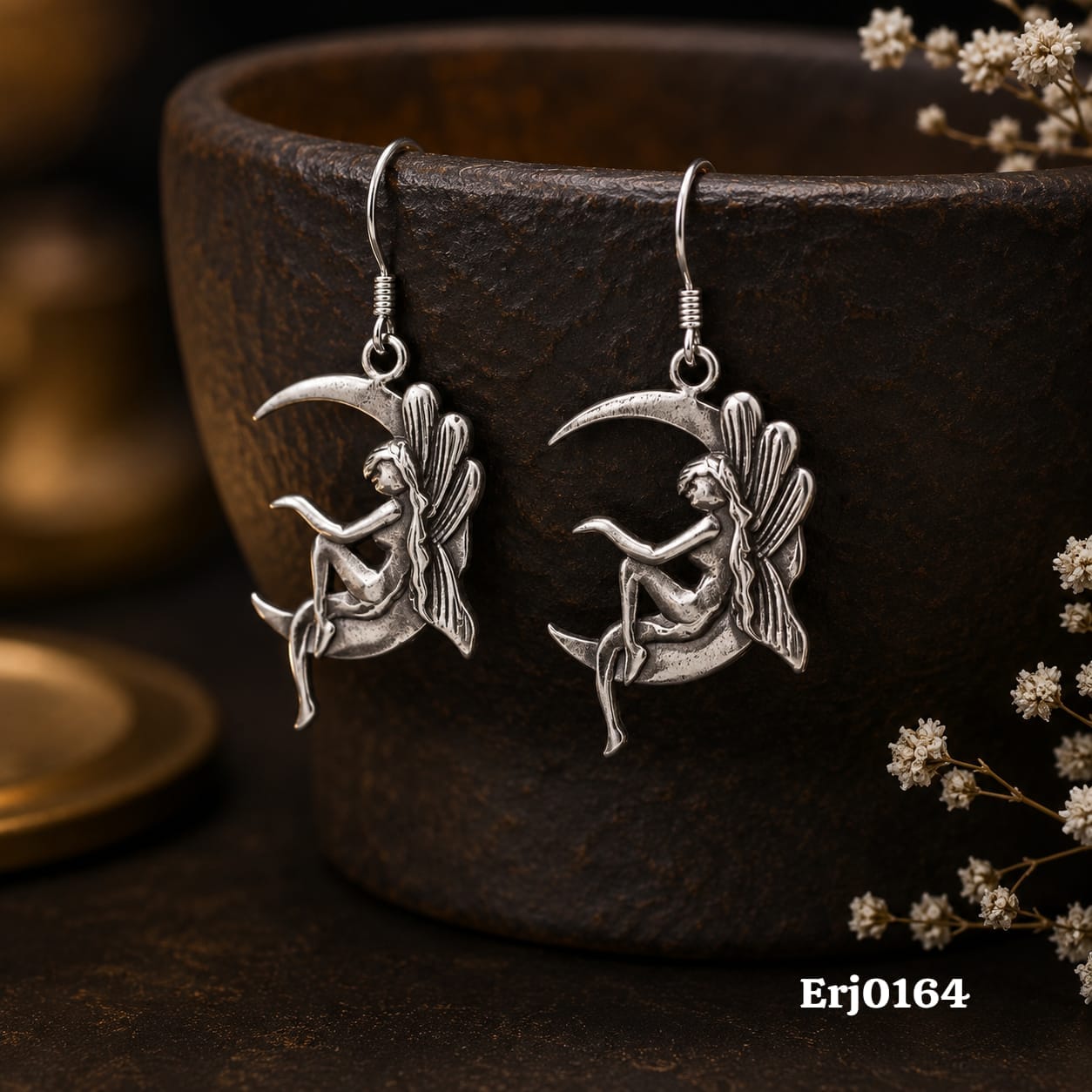 Fairy on Crescent Moon Dangle Earrings