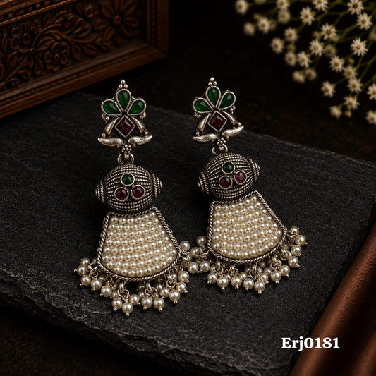Floral Stone and Beaded Tassel Earrings