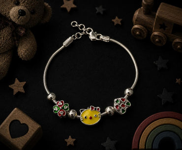Whimsical 92.5 Sterling Silver Charm Bracelet – Yellow Kitty Charm