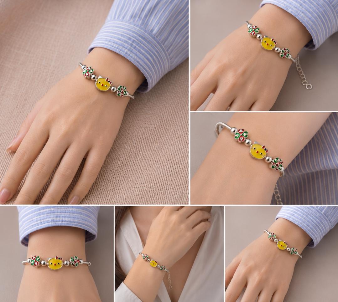 Whimsical 92.5 Sterling Silver Charm Bracelet – Yellow Kitty Charm