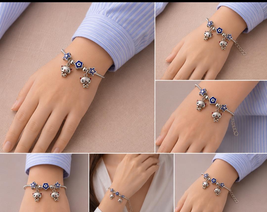 Whimsical 92.5 Sterling Silver Charm Bracelet – Star & Evil Eye Charm