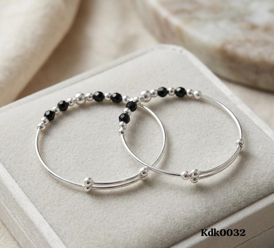 Beaded Charm 92.5 Sterling Silver Kada Set – Black & Silver Beads