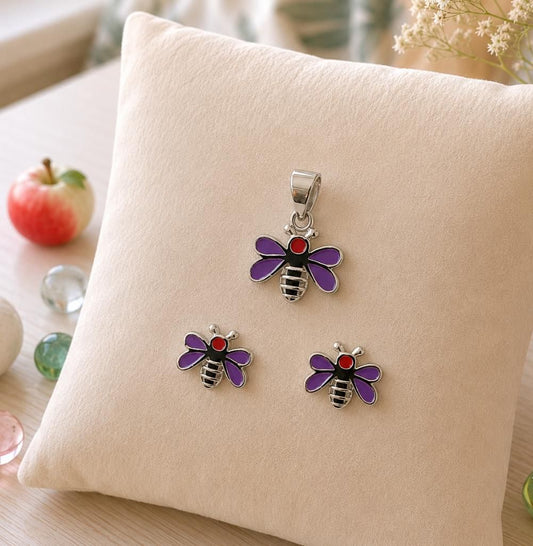 Purple Butterfly Bee 92.5 Sterling Silver Pendant & Earring Set