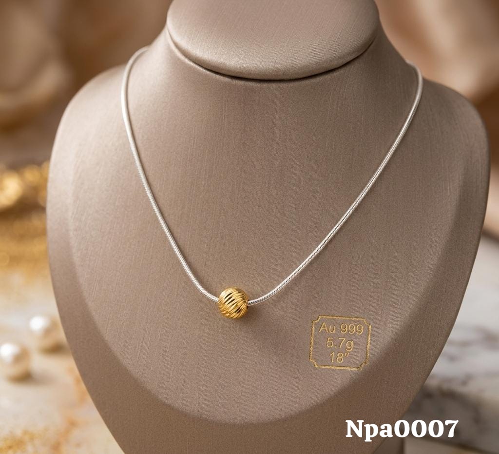 Gold Ribbed Ball Slider on Silver Snake Chain Necklace