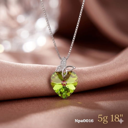 Green Crystal Heart & Butterfly Pendant Necklace